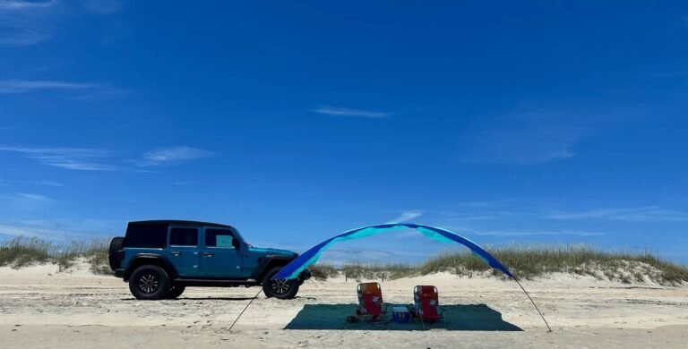 Jeep Wrangler rental with a beach canopy in Carova on the Outer Banks 4x4 beach